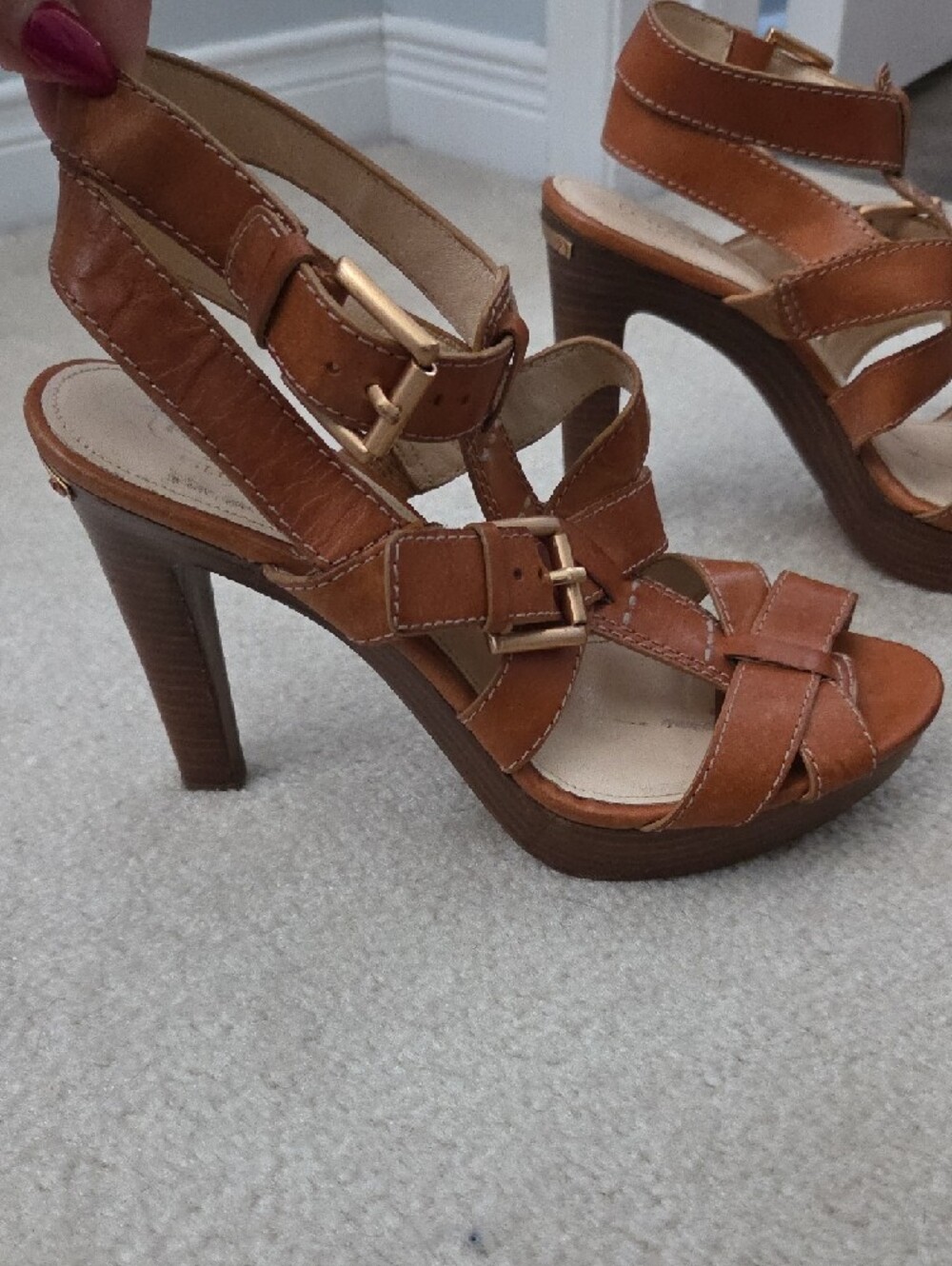 Coach Stephanie Brown Leather Double Buckle Strappy High Heel Sandals - Picture 5 of 11